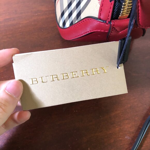 BURBERRY Horseferry Checkered Canvas and Leather Tote Bowling Bag Red/Beige - Picture 15 of 16